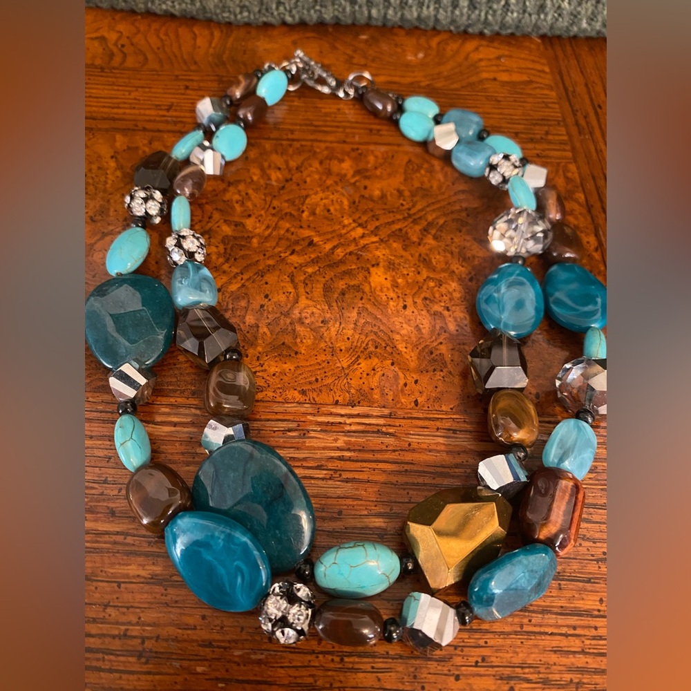Elegant Shades of Blue Natural Stone, Glass and Rhinestones Beaded Necklace